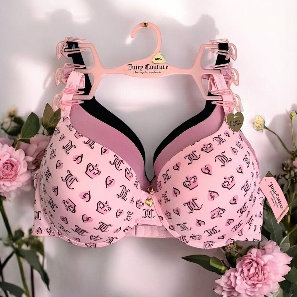 Juicy Couture Pink, Mauve & Black Sexy 3 Piece Bra Set NWT Size 40C